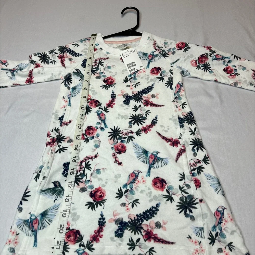 H&M LOGG Girls White Floral Bird Sweatshirt Dress Long Sleeve Size 4-6Y NWT